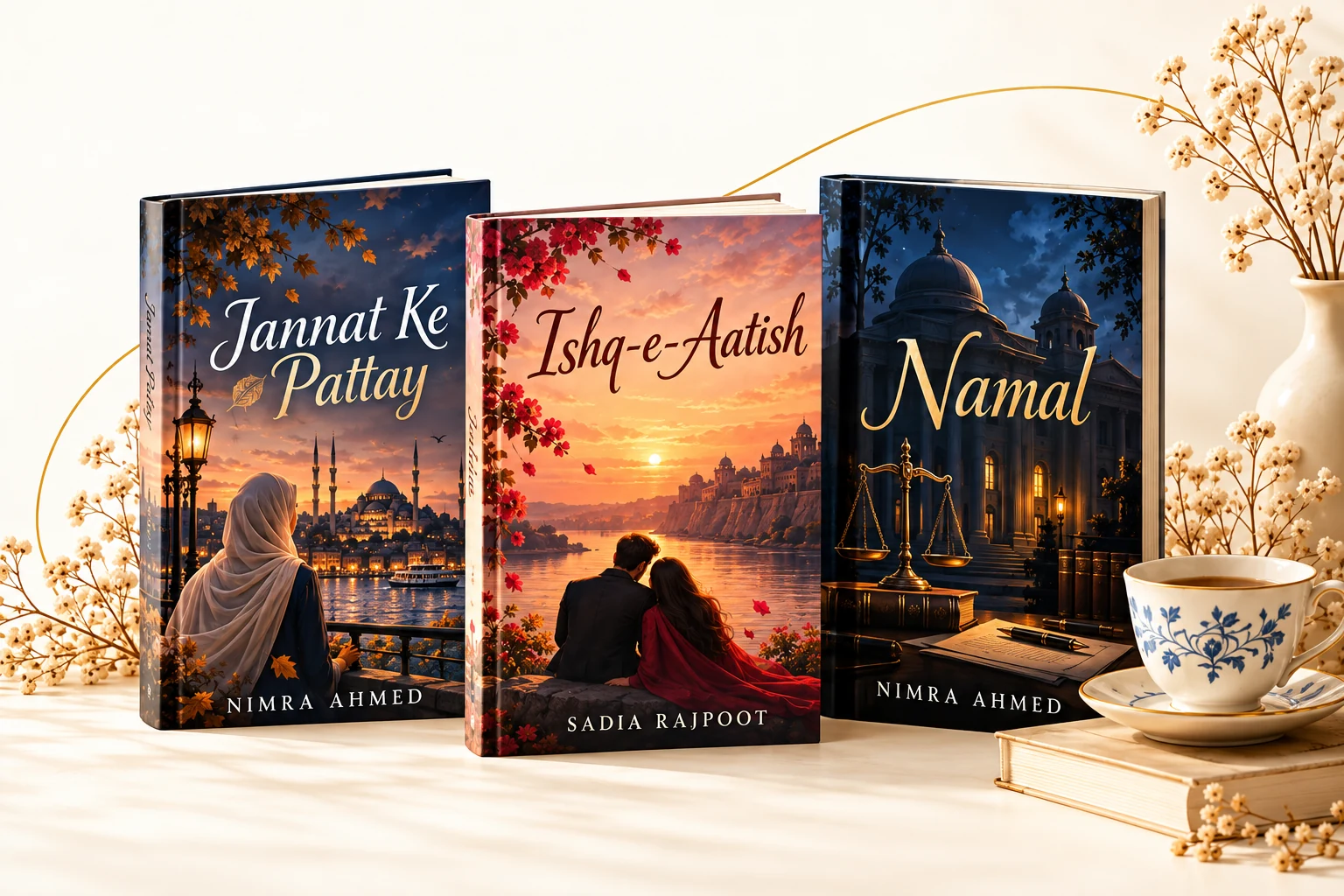 Jannat Ke Pattay by Nimra Ahmed, Ishq-e-Aatish by Sadia Rajpoot, and Namal by Nimra Ahmed, beside a porcelain teacup and flowers.